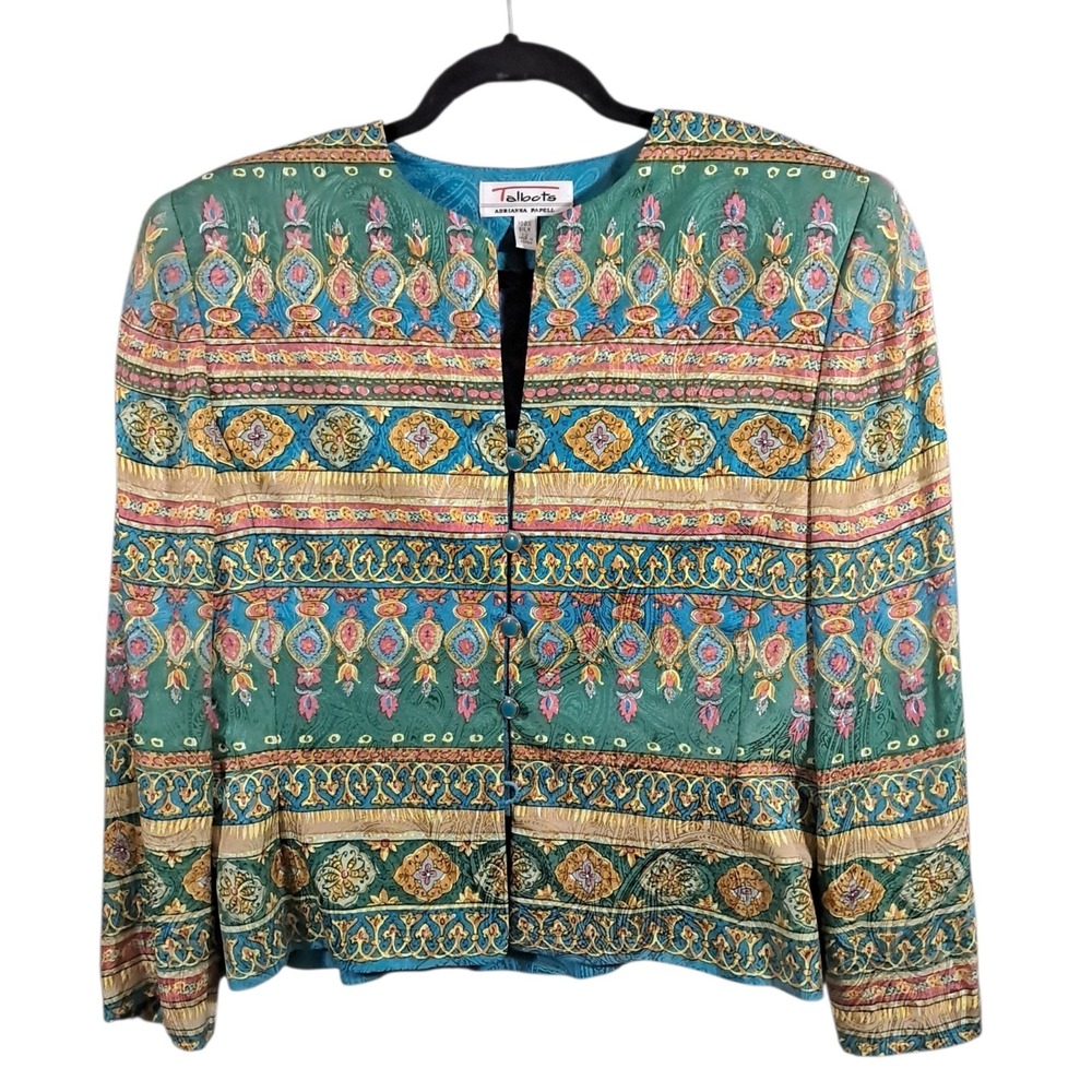 VTG Adrianna Papell Talbots Jacket 100% Silk Lined Large Paisley Teal Baroque
